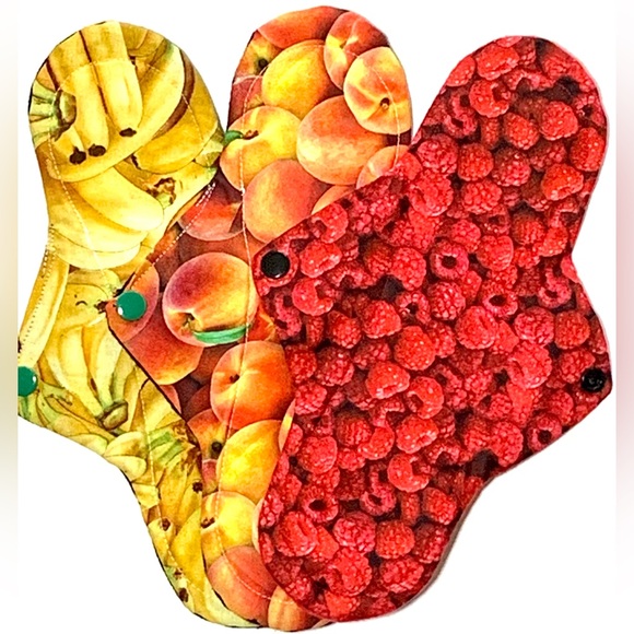 Three Heavy Plus Menstrual Pads in Fun Fruits, PUL and Zorb Canadian Cloth Pads - Picture 1 of 7